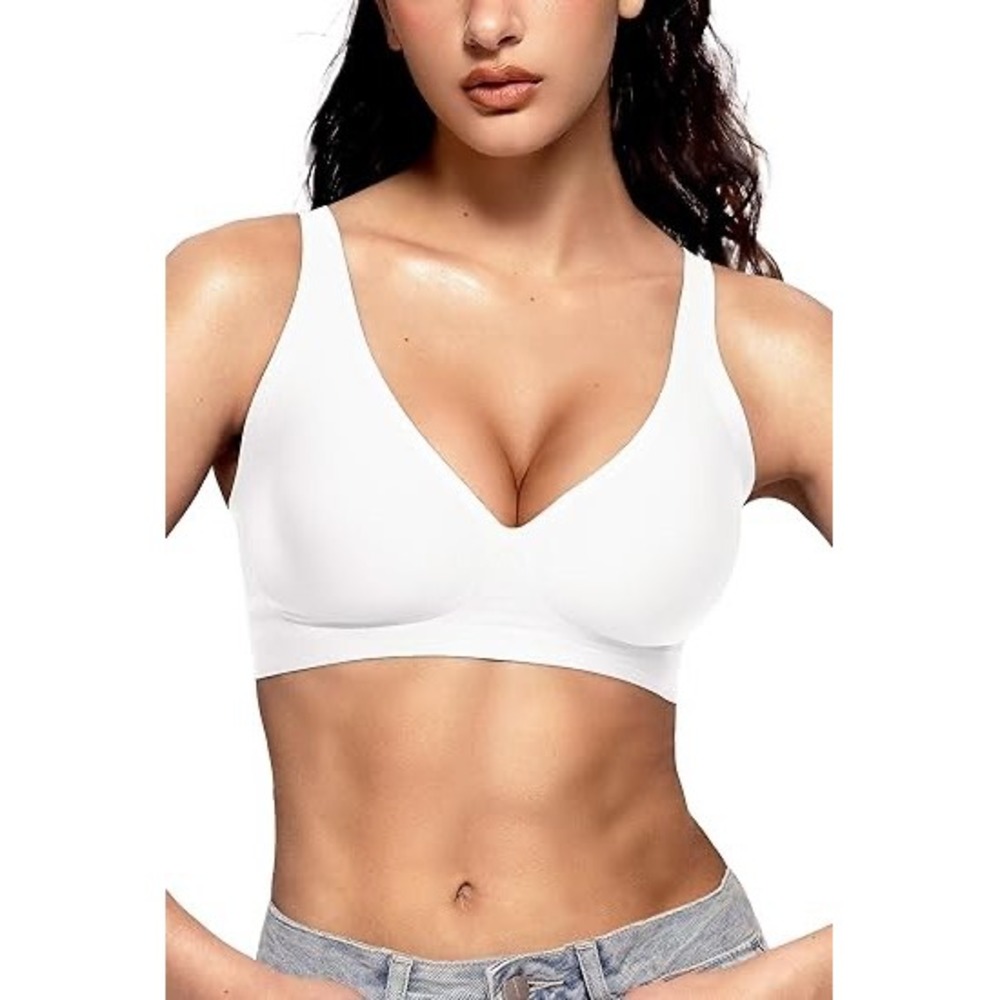 VertVie Womens Wireless Seamless Comfort Bra White V-Neck Size Large